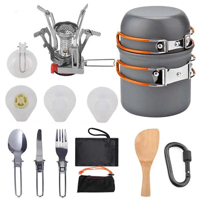 Portable Camping Cookware Pot Set with Folding Stove | 1-2 Person Lightweight Aluminum Mess Kit