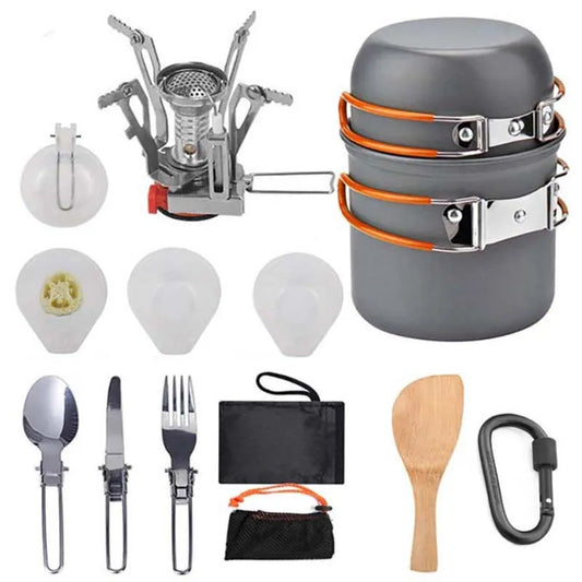 Portable Camping Cookware Pot Set with Folding Stove | 1-2 Person Lightweight Aluminum Mess Kit