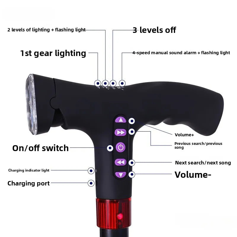 Multifunctional Smart Charging Walking Cane with Fall Detection, LED Light &amp; MP3