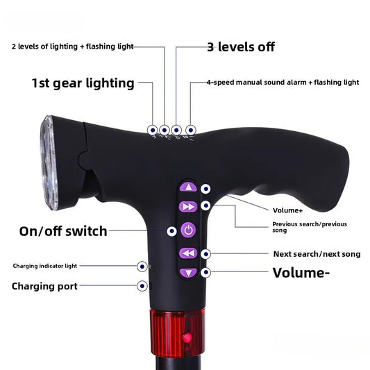 Multifunctional Smart Charging Walking Cane with Fall Detection, LED Light &amp; MP3